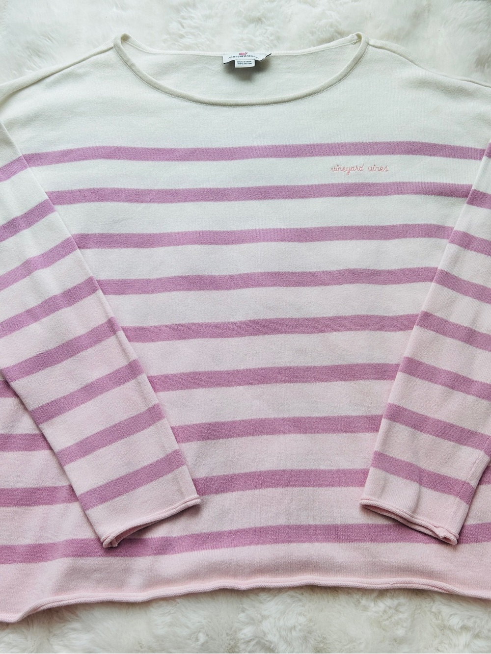 Vineyard Vines Striped Boatneck Sweater in Cream and Lavender